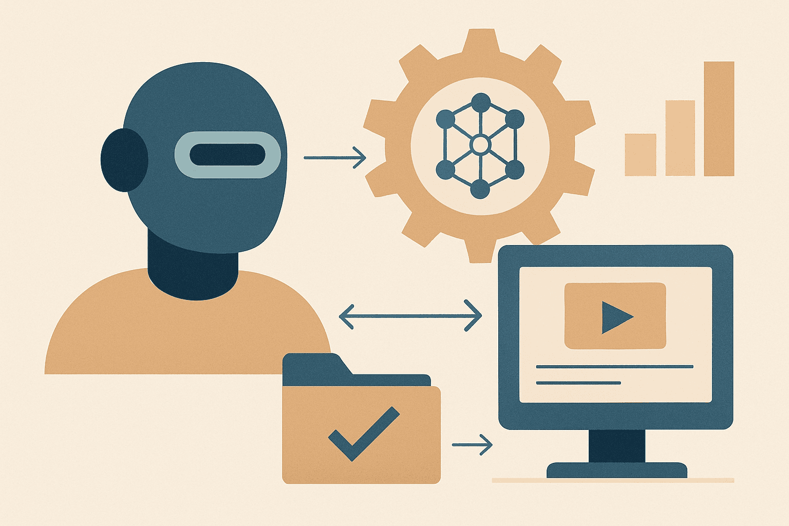 A clean, minimalist design featuring geometric shapes in soft blue and gray tones representing connected workflow processes.
