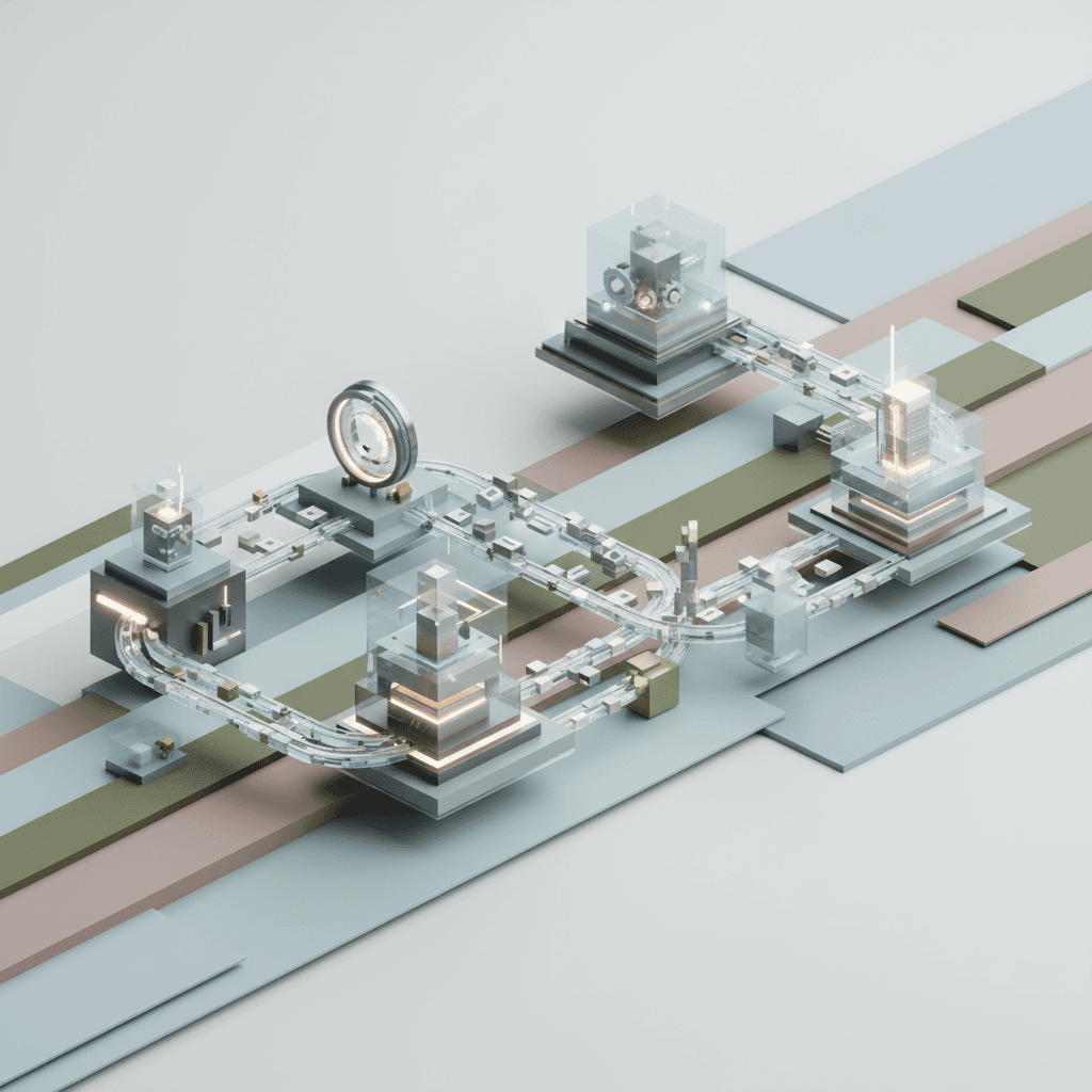 Abstract geometric shapes in soft blues and grays representing interconnected systems and workflow processes.