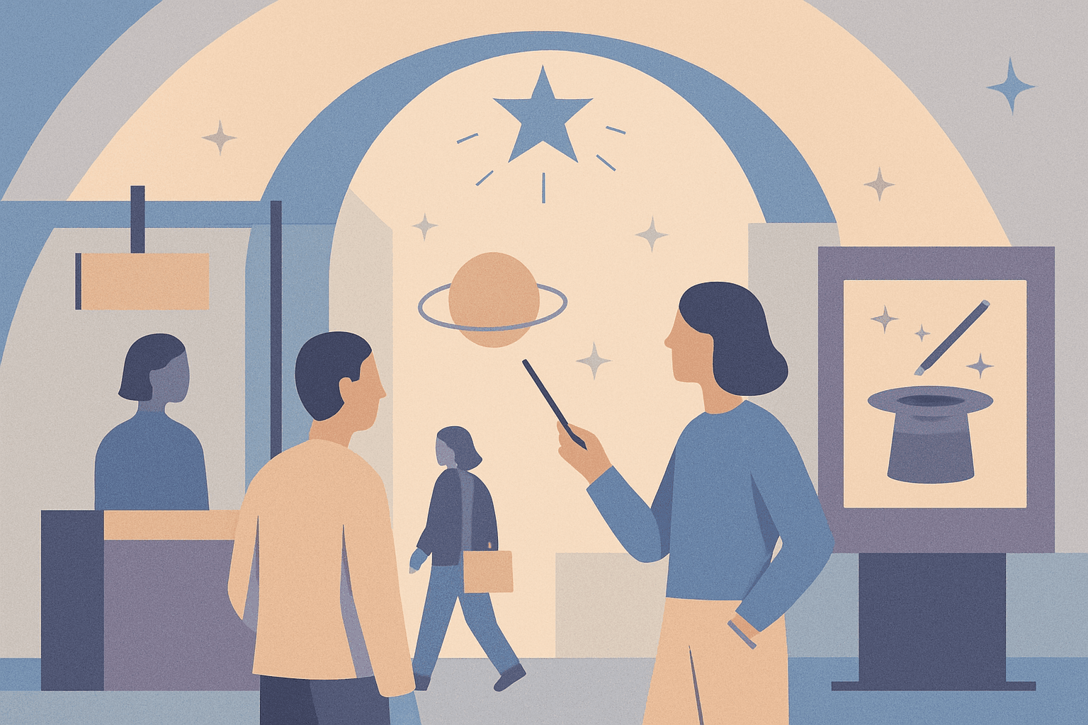 # Alt Text for Magic Trade Show Blog Cover

Minimalist geometric shapes in soft blues and grays arranged on a clean, modern surface suggesting innovation and commerce.