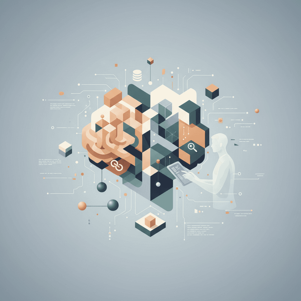 A minimalist desk setup with geometric shapes and soft blue tones suggesting digital tools and data organization.
