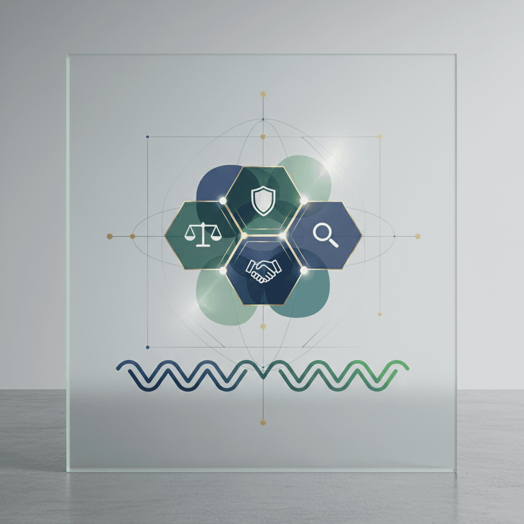 Abstract geometric shapes in blues and grays arranged on a clean, minimalist background suggesting technology and policy concepts.