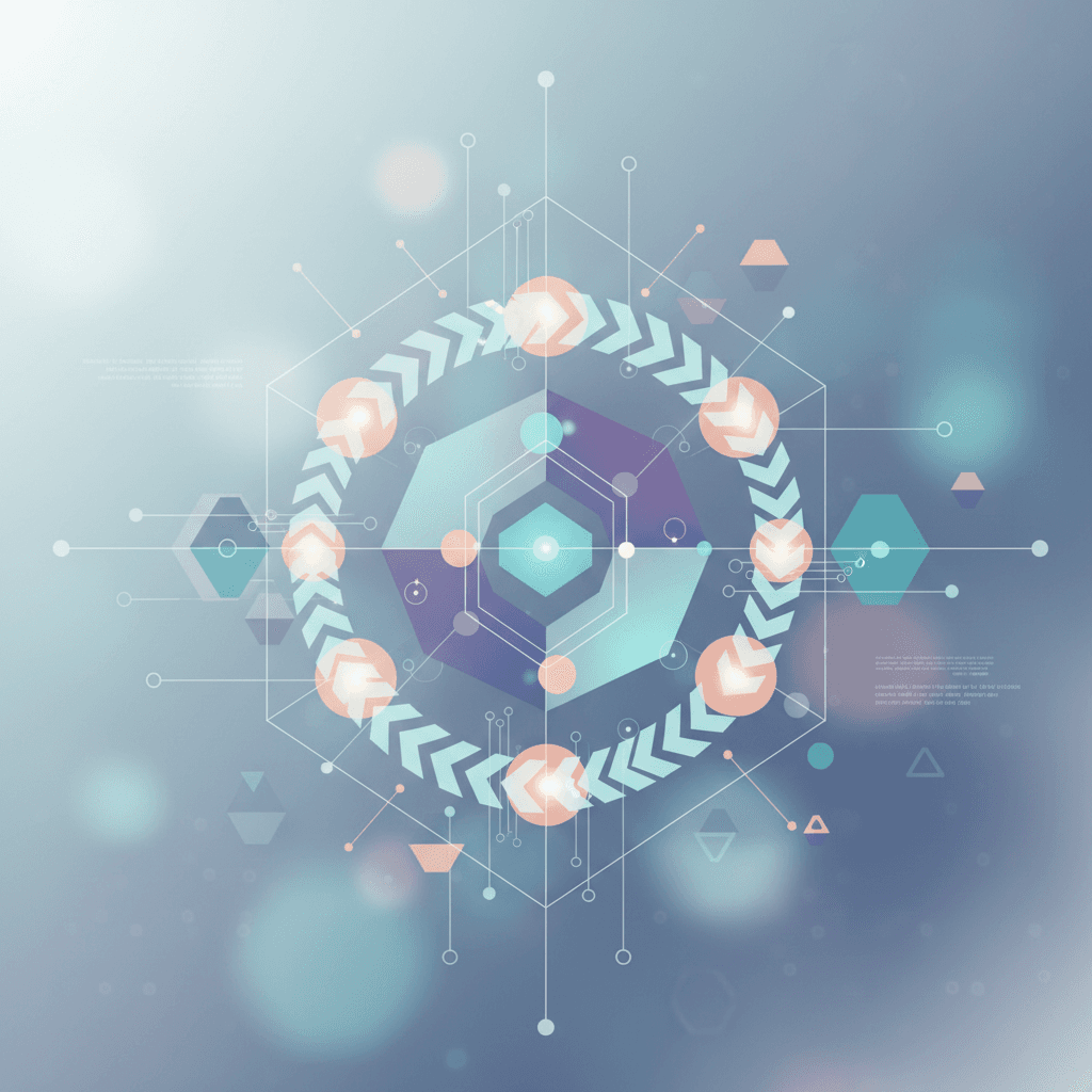 A clean, modern design with abstract geometric shapes in a calm color palette representing technology and automation.