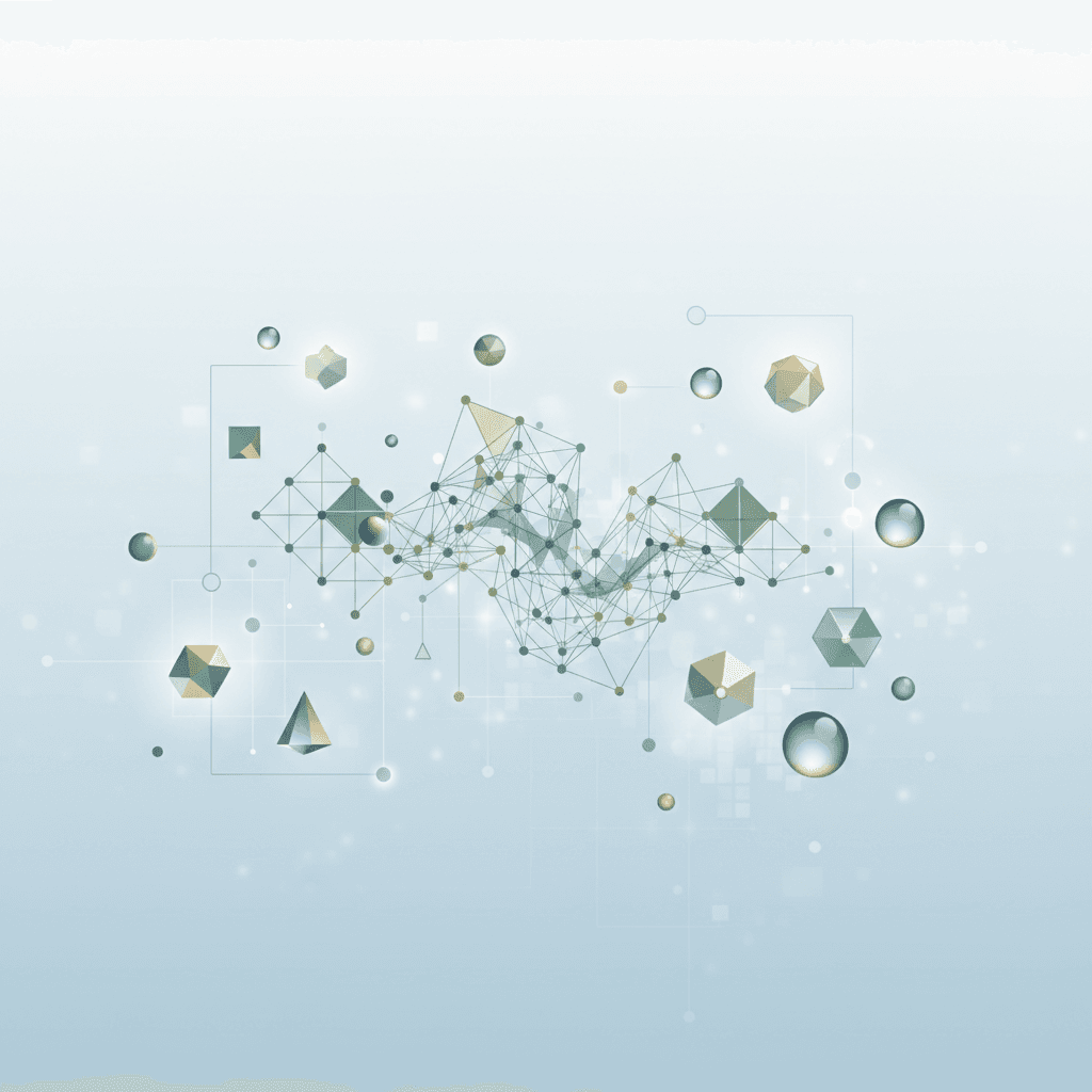 A minimalist digital interface with overlapping geometric shapes in soft blues and grays, suggesting connected data systems.
