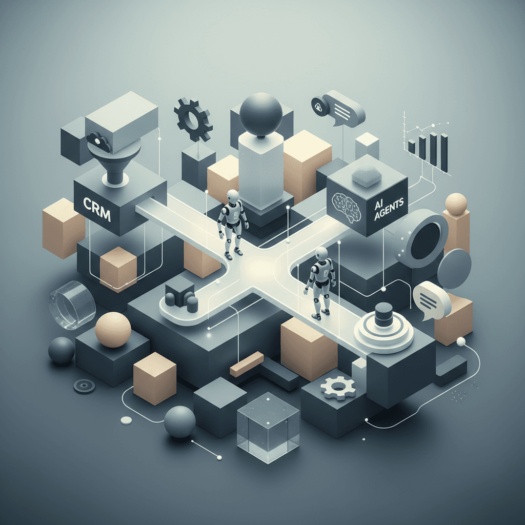 # Alt Text
Abstract geometric shapes in cool tones representing interconnected workflow systems and digital processes.