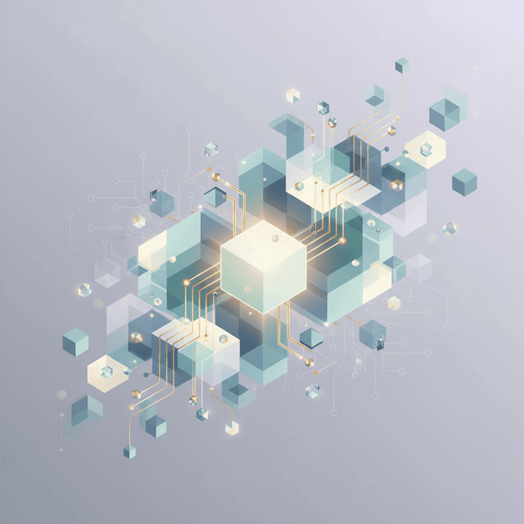 Abstract geometric shapes in soft blue and gray tones representing connected data points and communication networks.