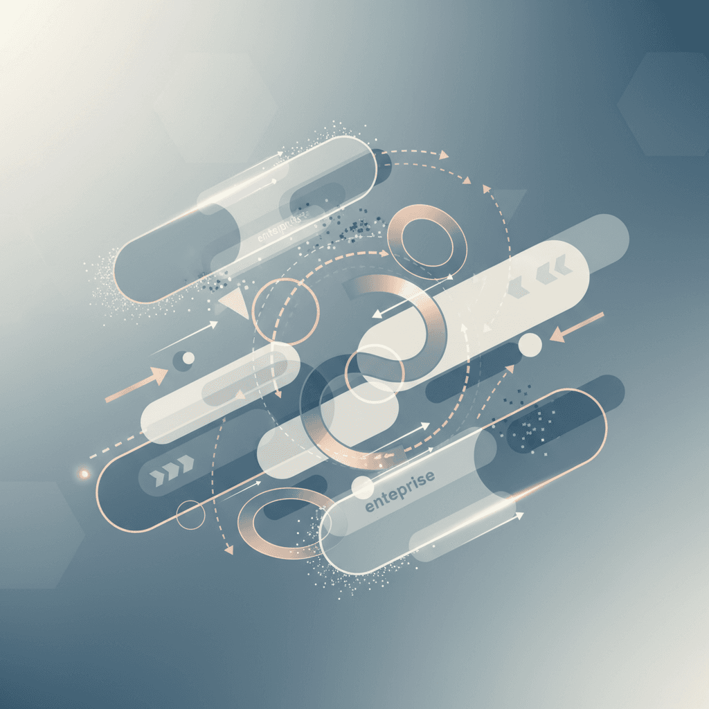 # Alt Text
Abstract geometric shapes in cool blues and grays represent interconnected digital systems and workflow processes.