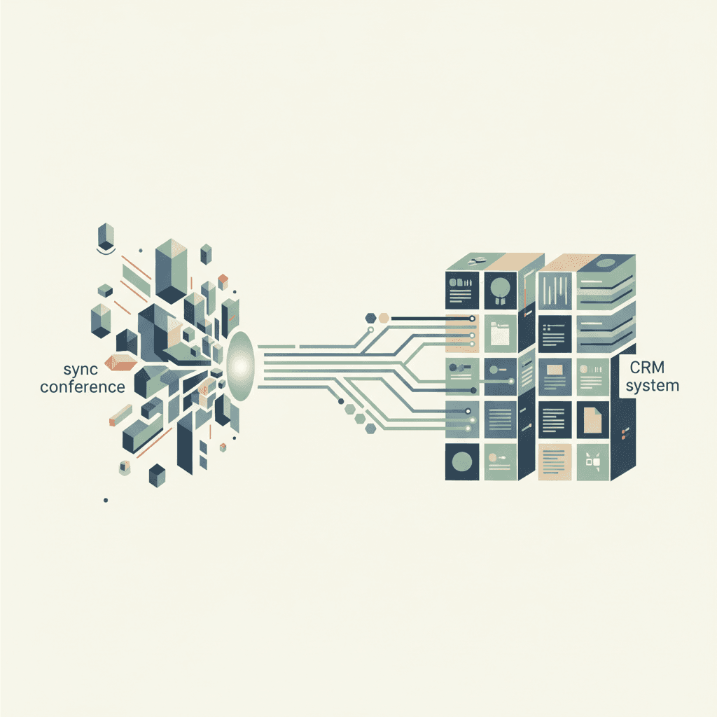 A clean, minimalist design featuring geometric shapes in soft blues and grays, representing data flow and digital connectivity.