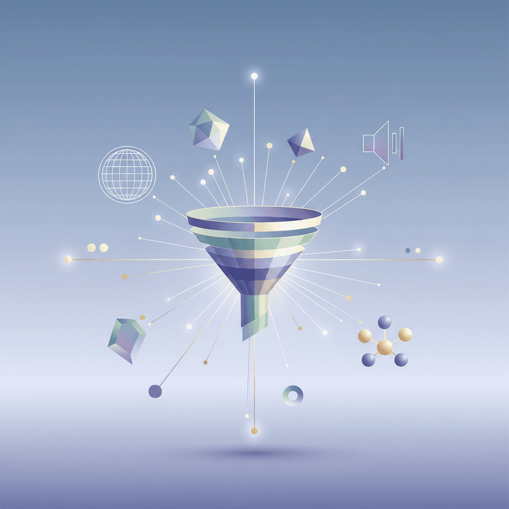 Abstract geometric shapes in soft blues and grays representing digital connectivity and modern technology concepts.